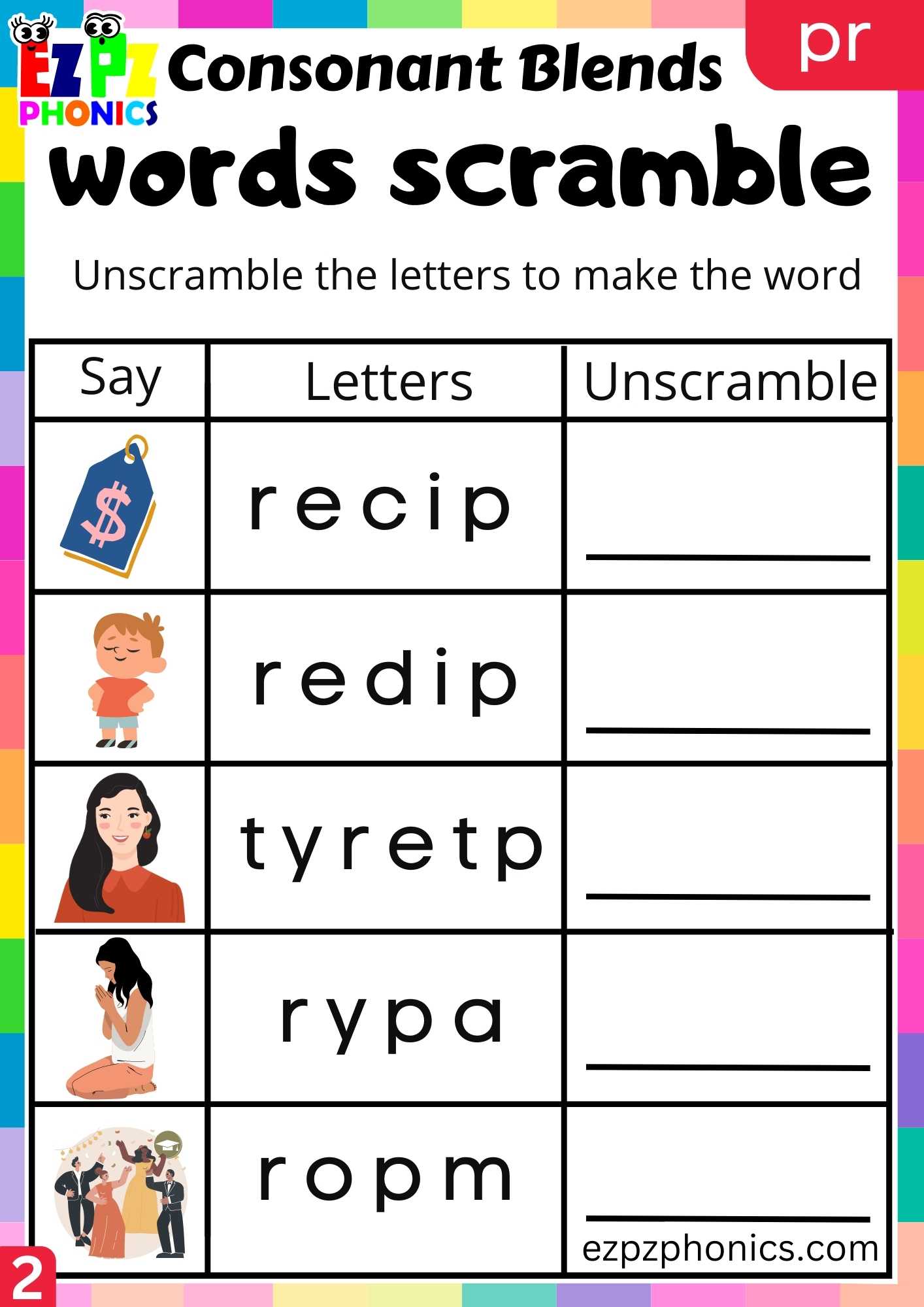 Group2 PR Words Words Scramble Phonics Consonant Blends Worksheet